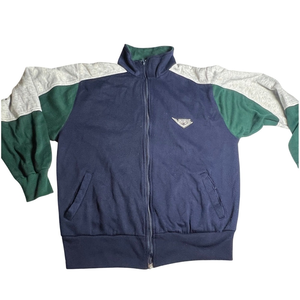VTG‎ PONY Track Jacket Navy Green Grey Colorblock Full Zip Athleisure Size L